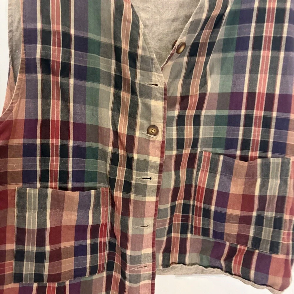 Mens Vintage Reversible Plaid and Tan Linen Blend Button Front Vest Large